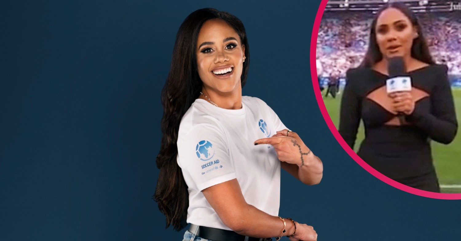Alex Scott smiling as she presents Soccer Aid