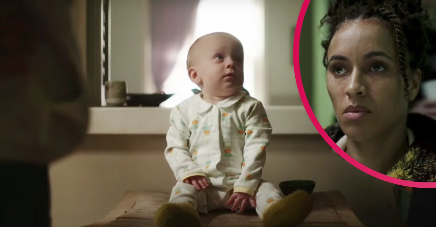 Michelle De Swarte and a baby frowning on The Baby