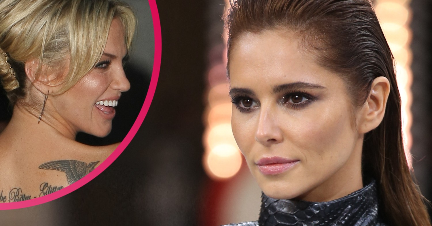 Sarah Harding smiling while looking over her shoulder and Cheryl smouldering at event