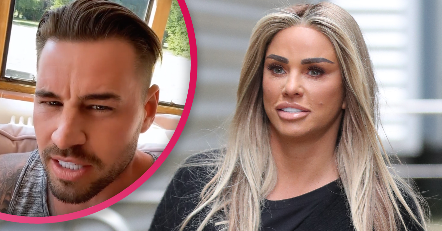 Katie Price and Carl Woods looking at the camera