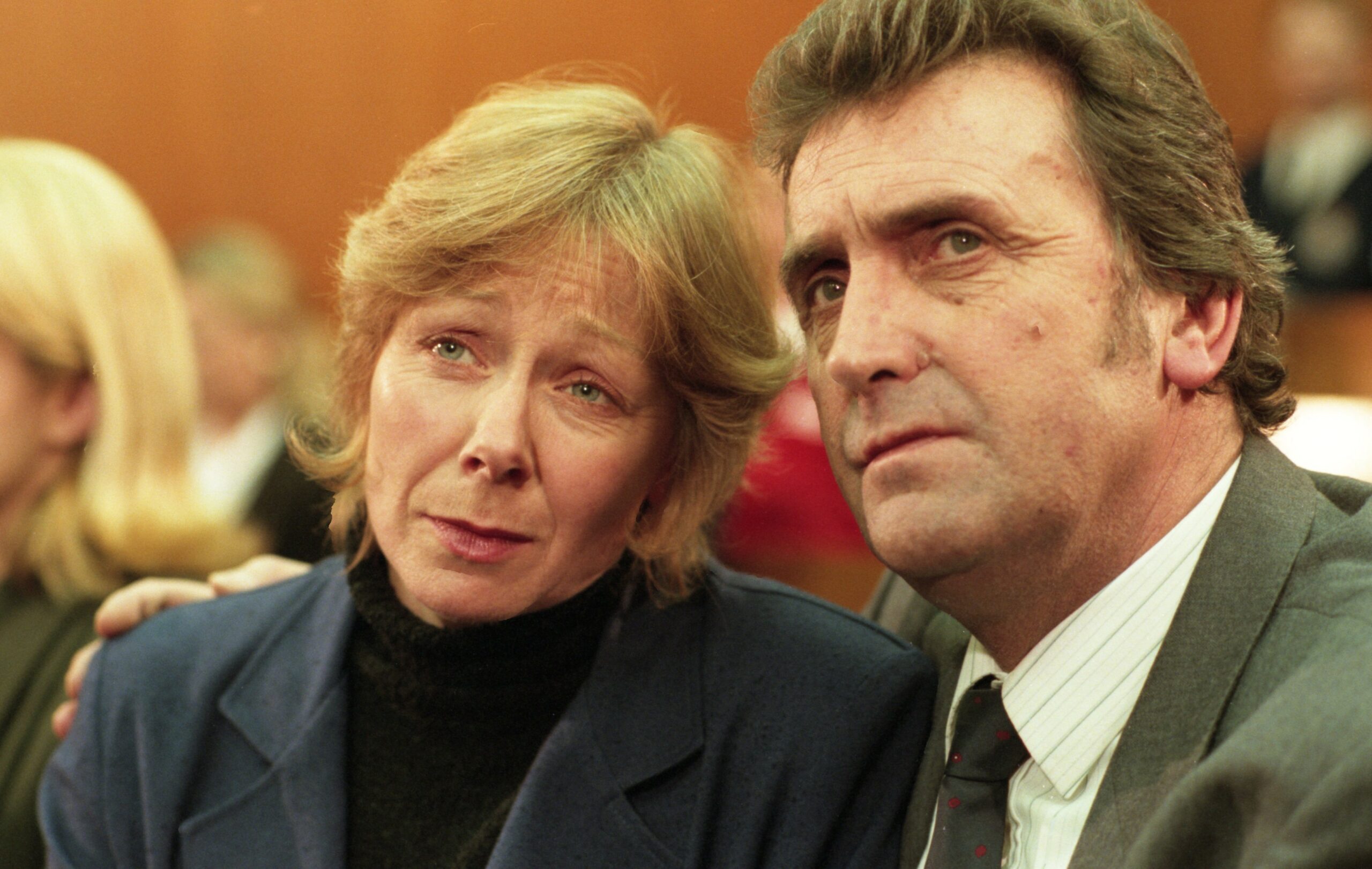 Jan and Ned Glover in Emmerdale look upset at Dave's death inquest