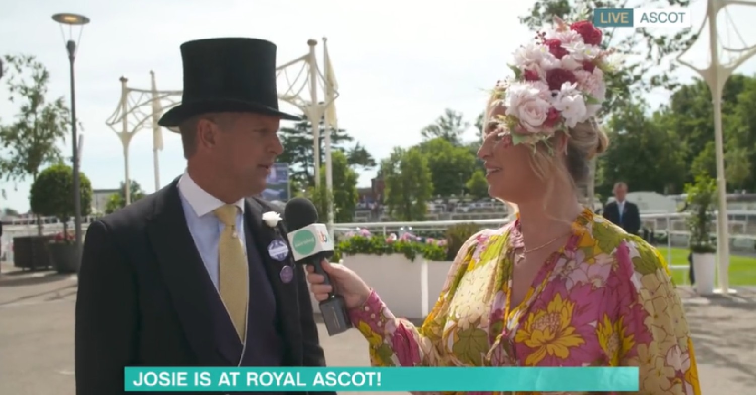 Josie Gibson interviews Ascot guest on This Morning in floral dress