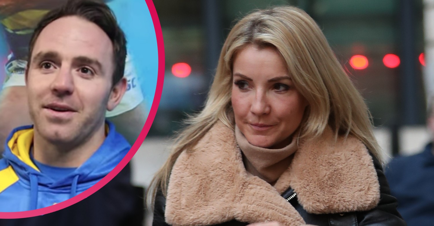 Helen Skelton in a coat and her husband in his rugby kit