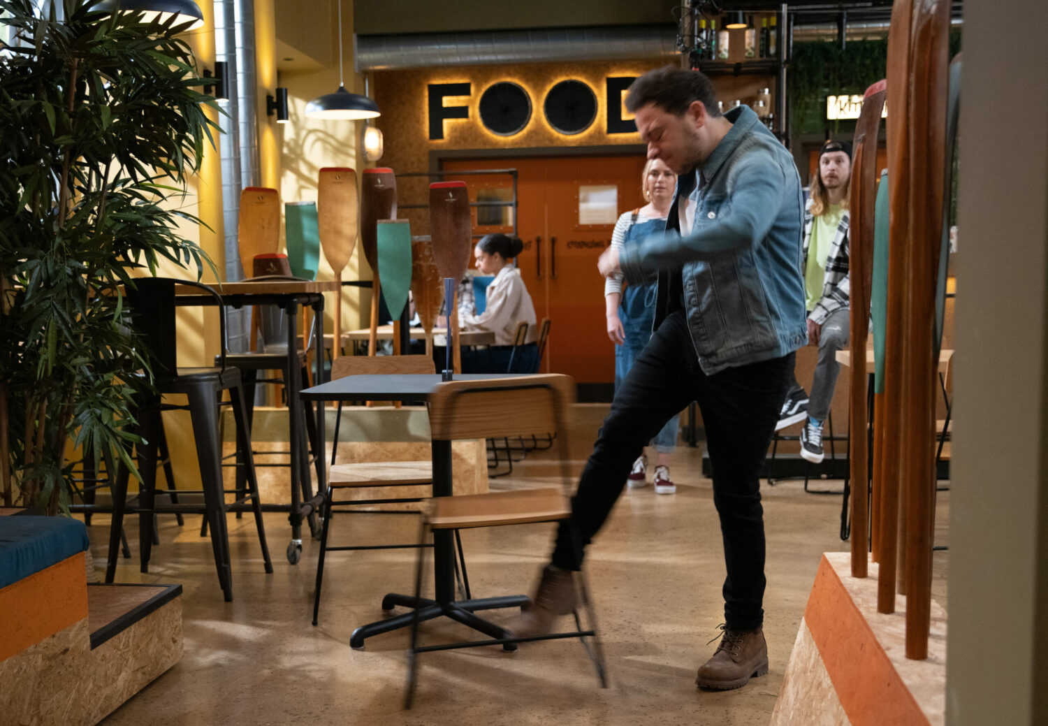 Matty kicking a chair in Emmerdale