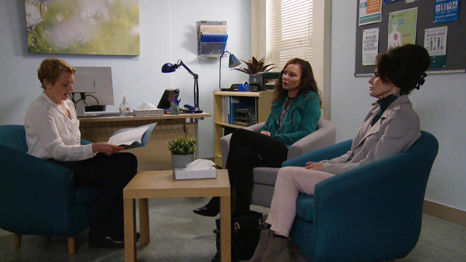 Chas and Faith sat in the consultant's room in Emmerdale