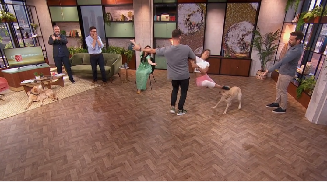 Dolly the dog gets kicked in the face as Janette is spun around