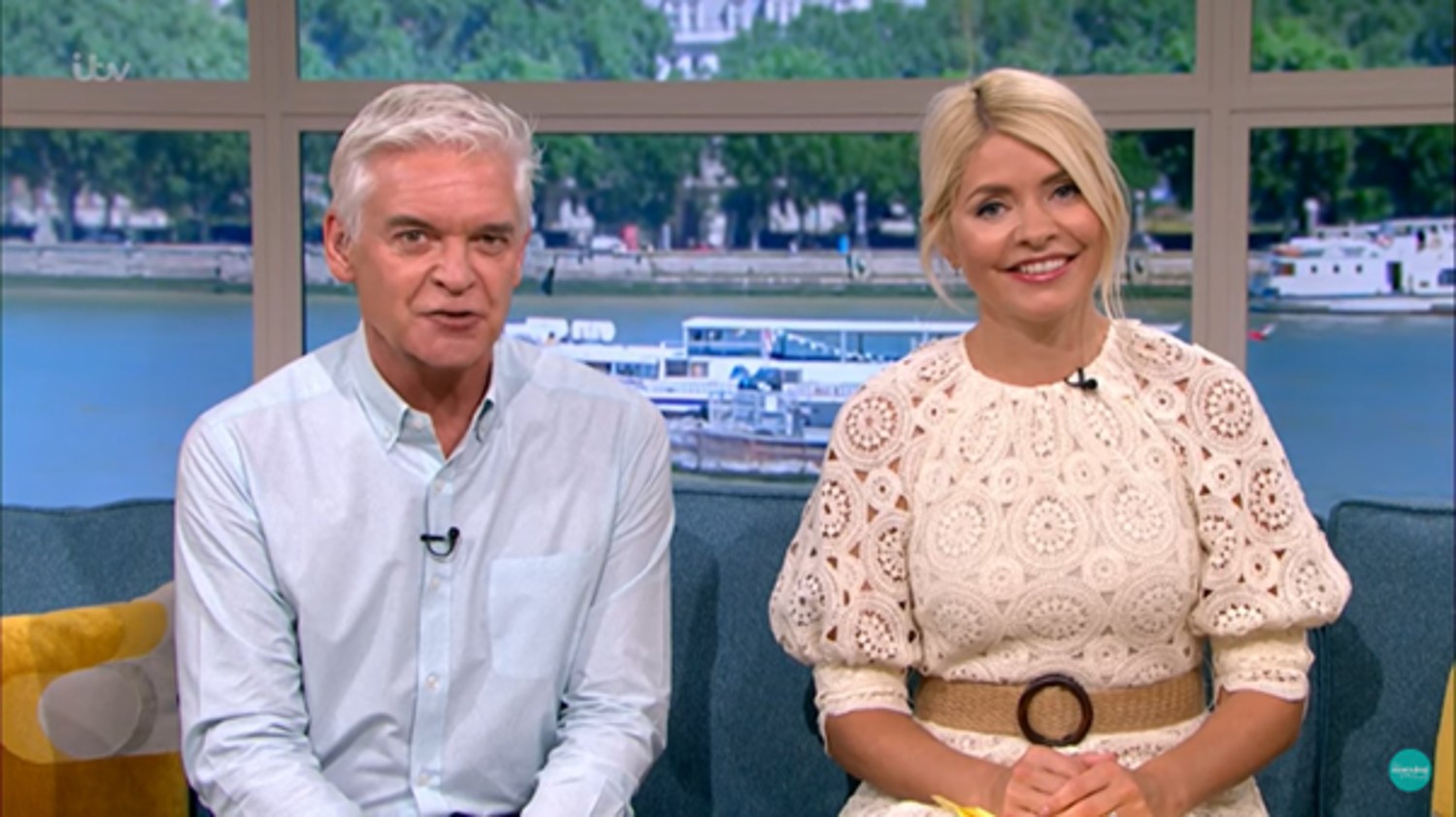 Holly Willoughby in cream lace dress on This Morning with Phillip Schofield