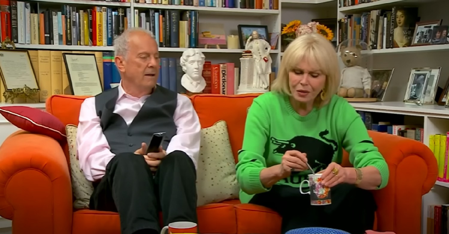 Gyles Brandreth and Joanna Lumley watching TV on Celebrity Gogglebox