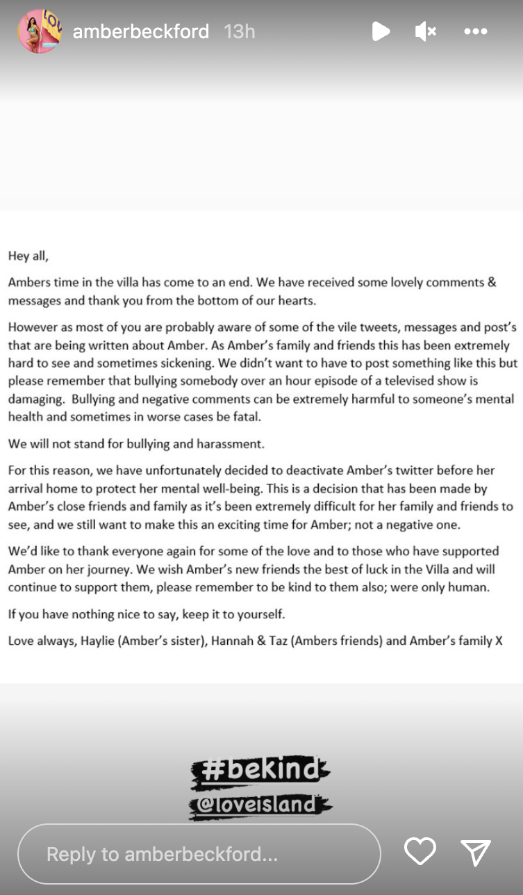 Screenshot of Amber from Love Island's Instagram story statement
