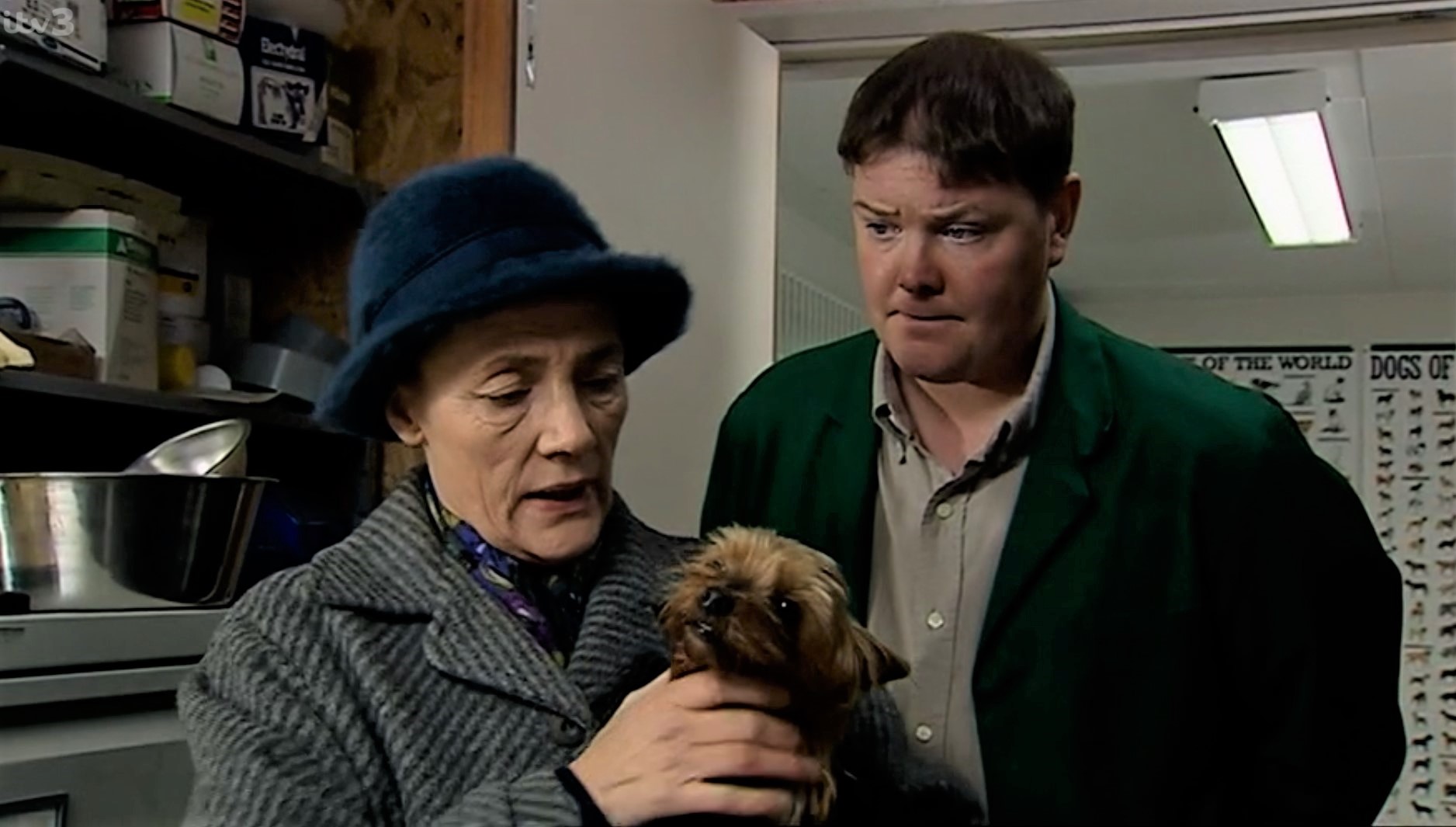 Emmerdale Edna Birch looks worried at Batley as concerned Paddy watches on