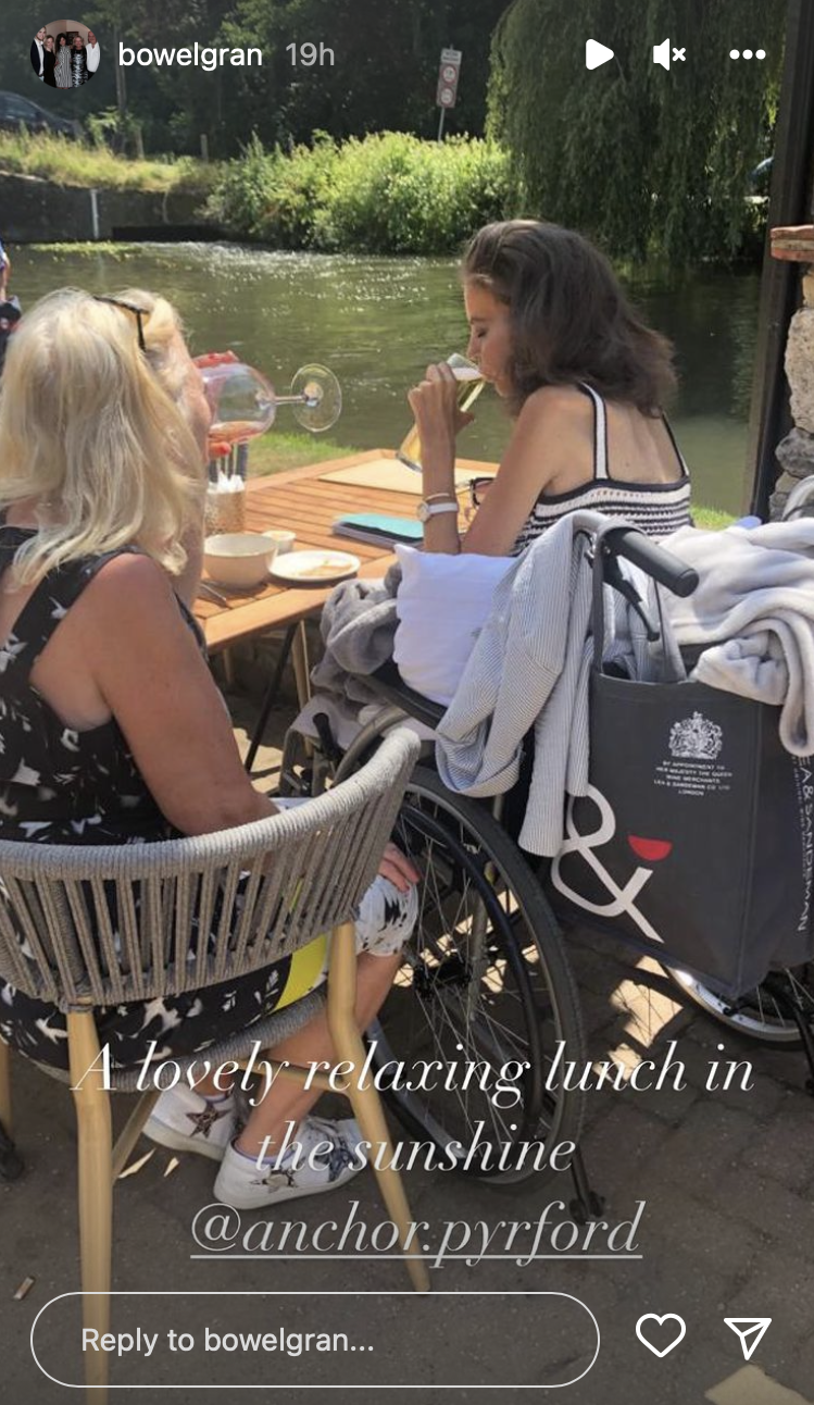 Dame Deborah James and Heather James having a drink next to each other by a canal 