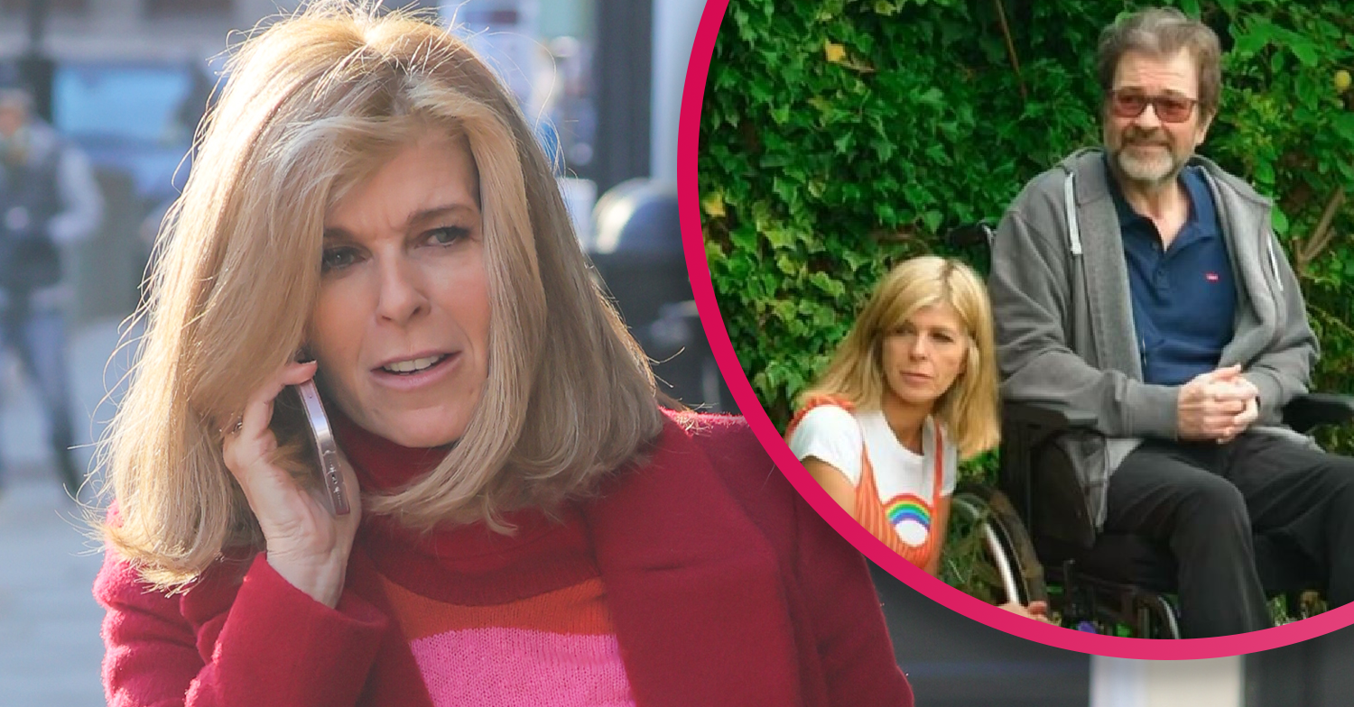 Kate Garraway on the phone and inset with Derek