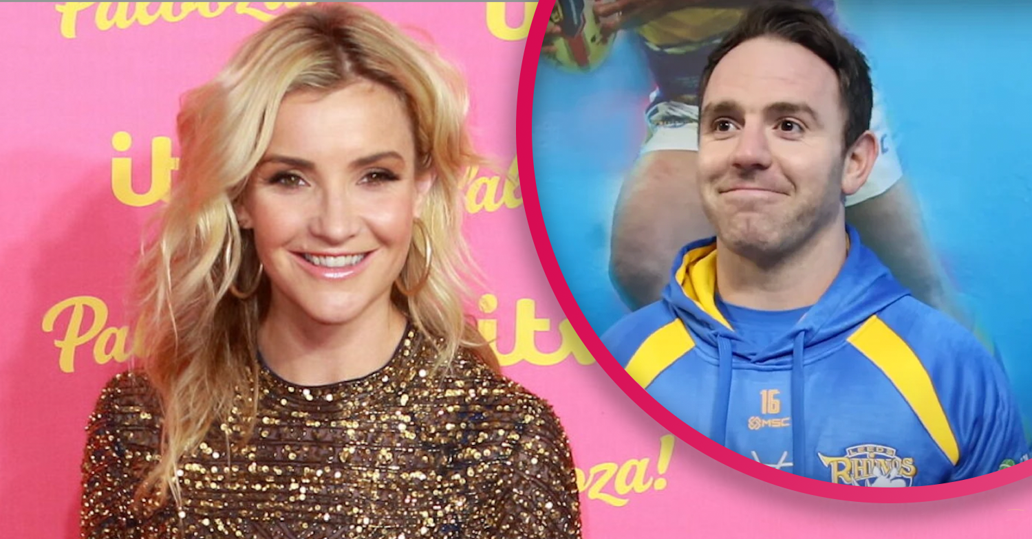 Helen Skelton smiling and her husband inset