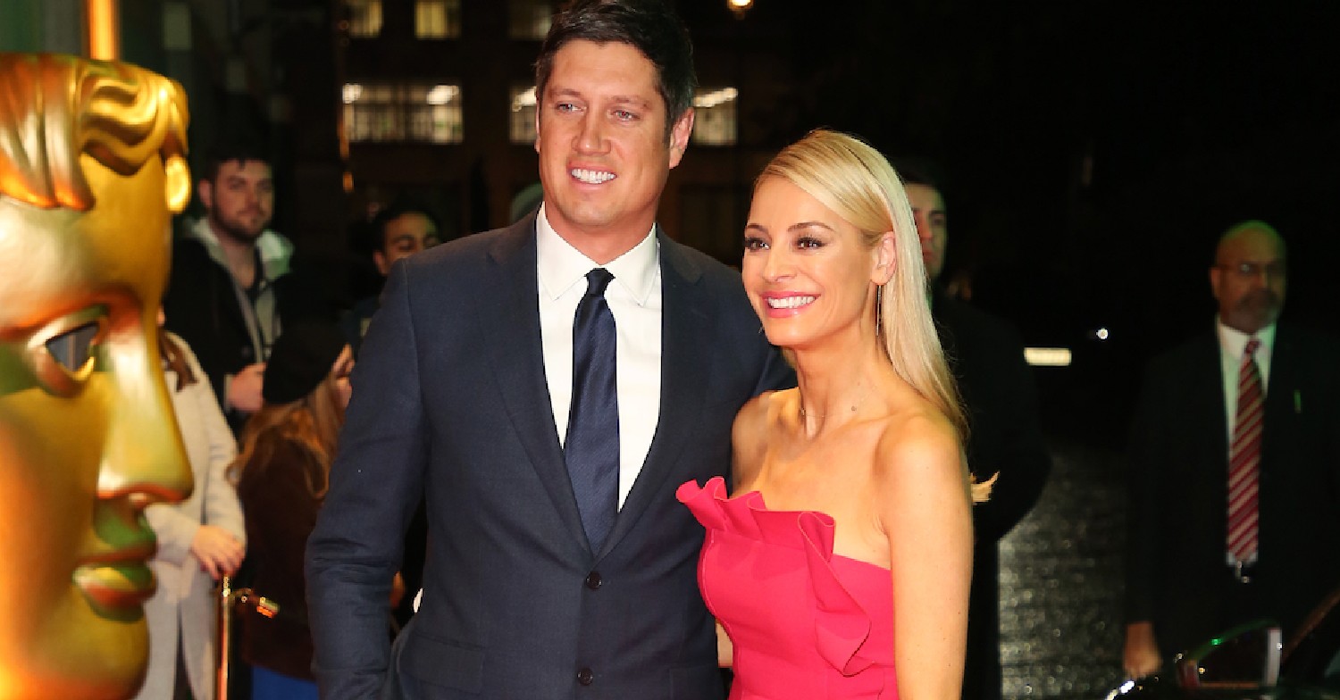 Tess Daly and Vernon Kay night out pink dress black tie