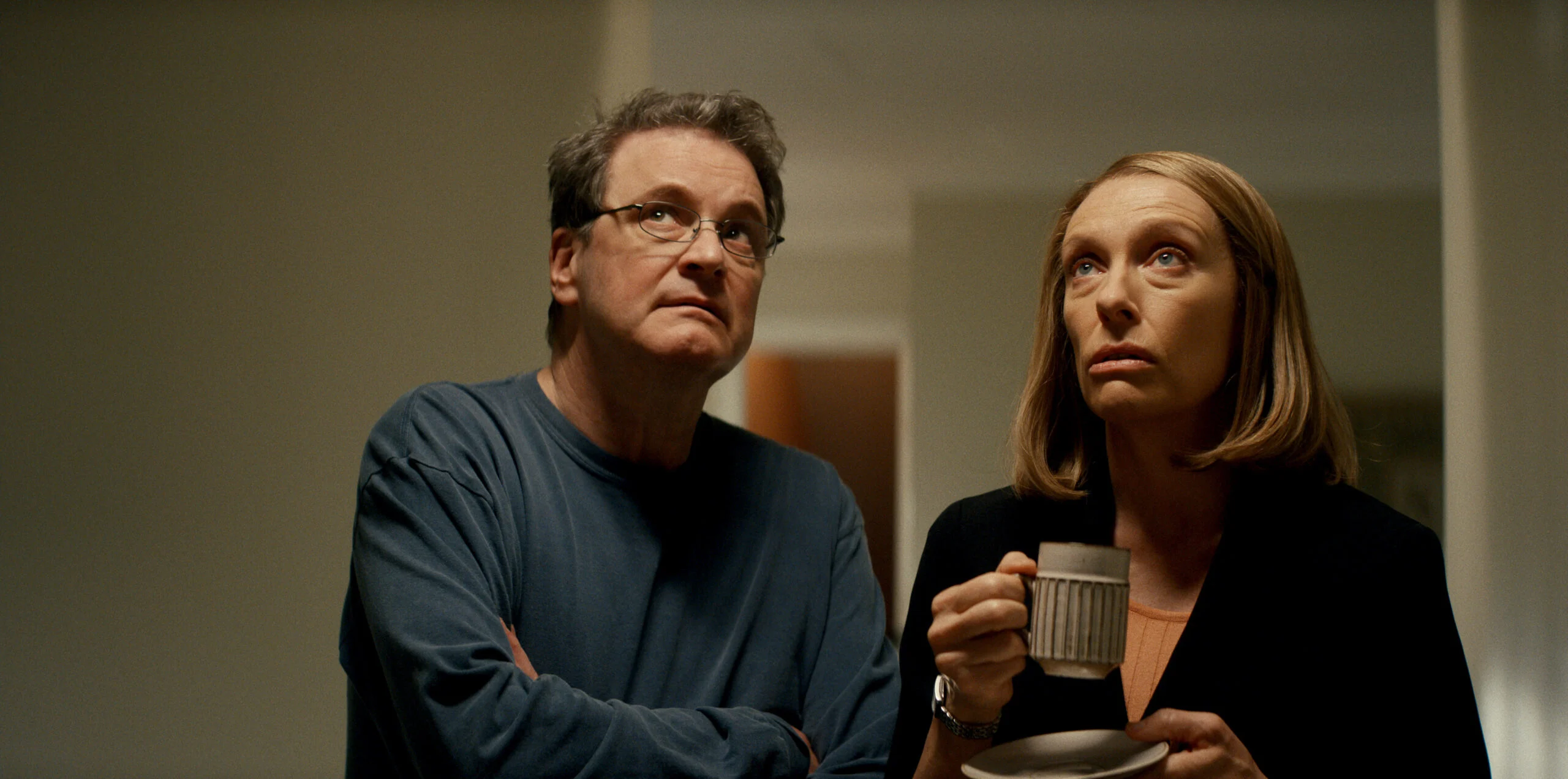 Colin Firth as Michael Peterson, and Toni Collette as Kathleen Peterson in the eight episode series The Staircase