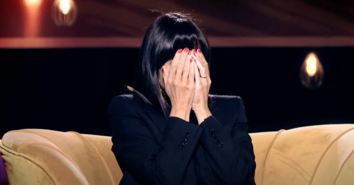 Claudia Winkleman with hands over eyes on One Question