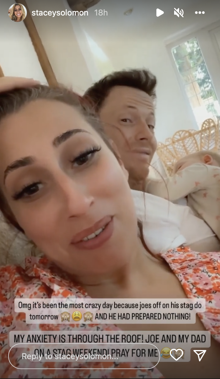 Stacey Solomon smiling on her Instagram story, while Joe Swash smirks in the background