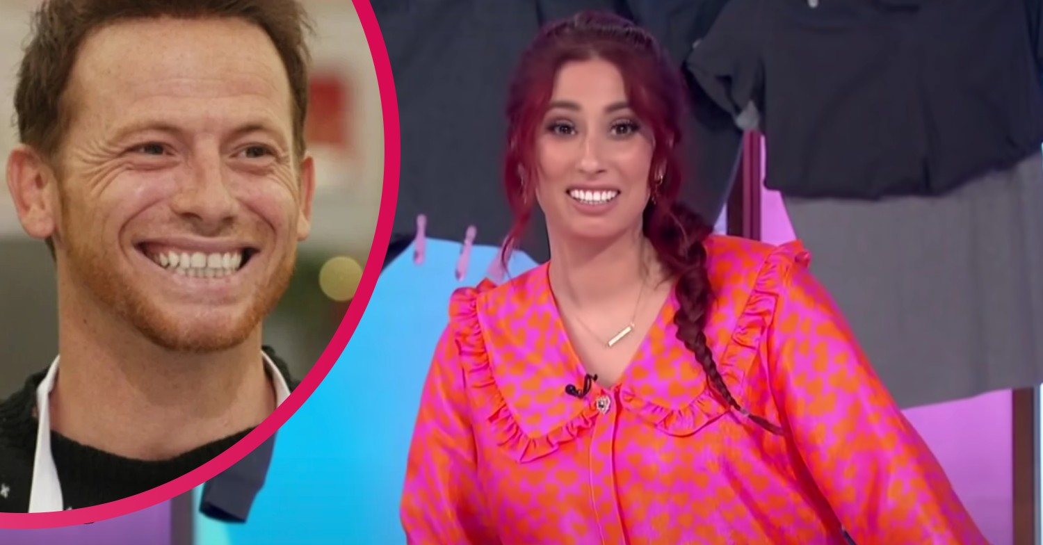 Stacey Solomon looking slightly concerned, Joe Swash grinning