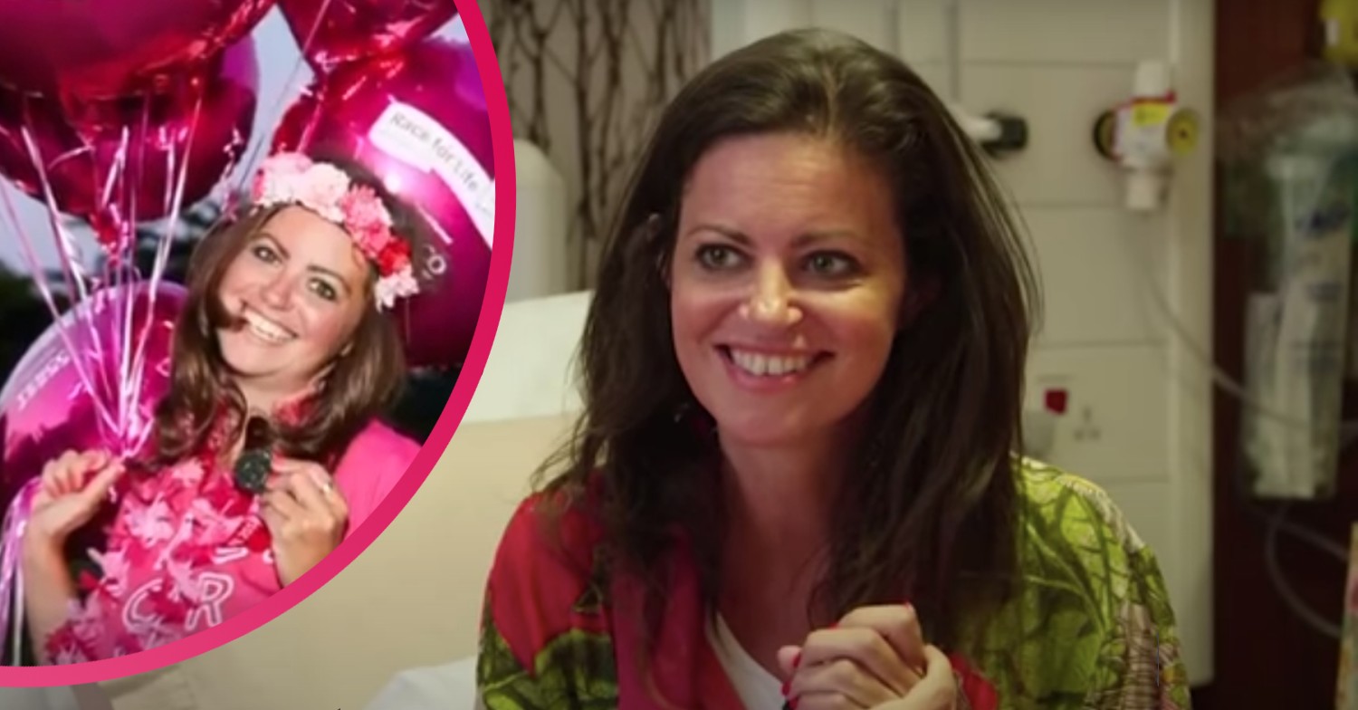 Deborah James holding balloons and smiling