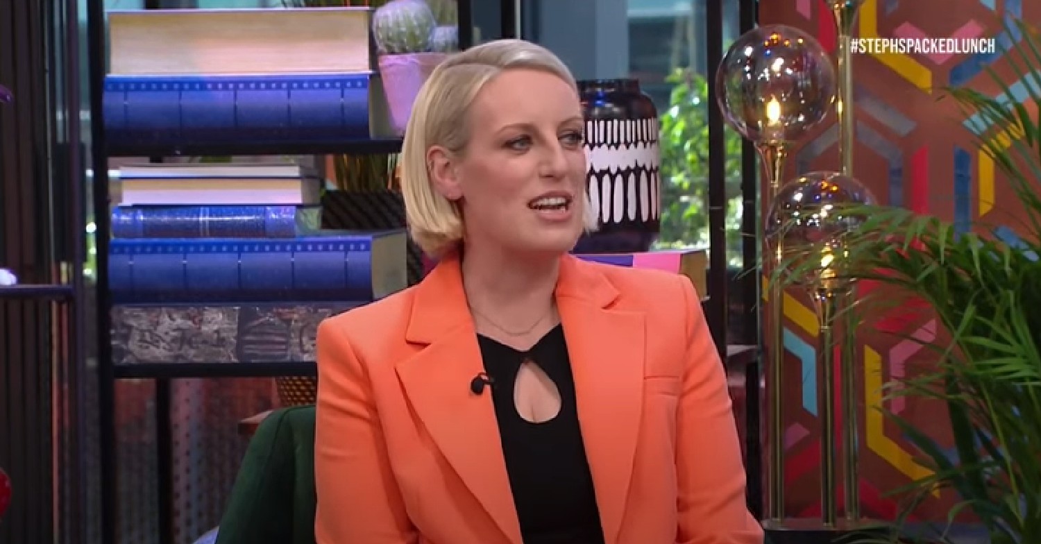 Steph McGovern wearing peach blazer on Steph's Packed Lunch