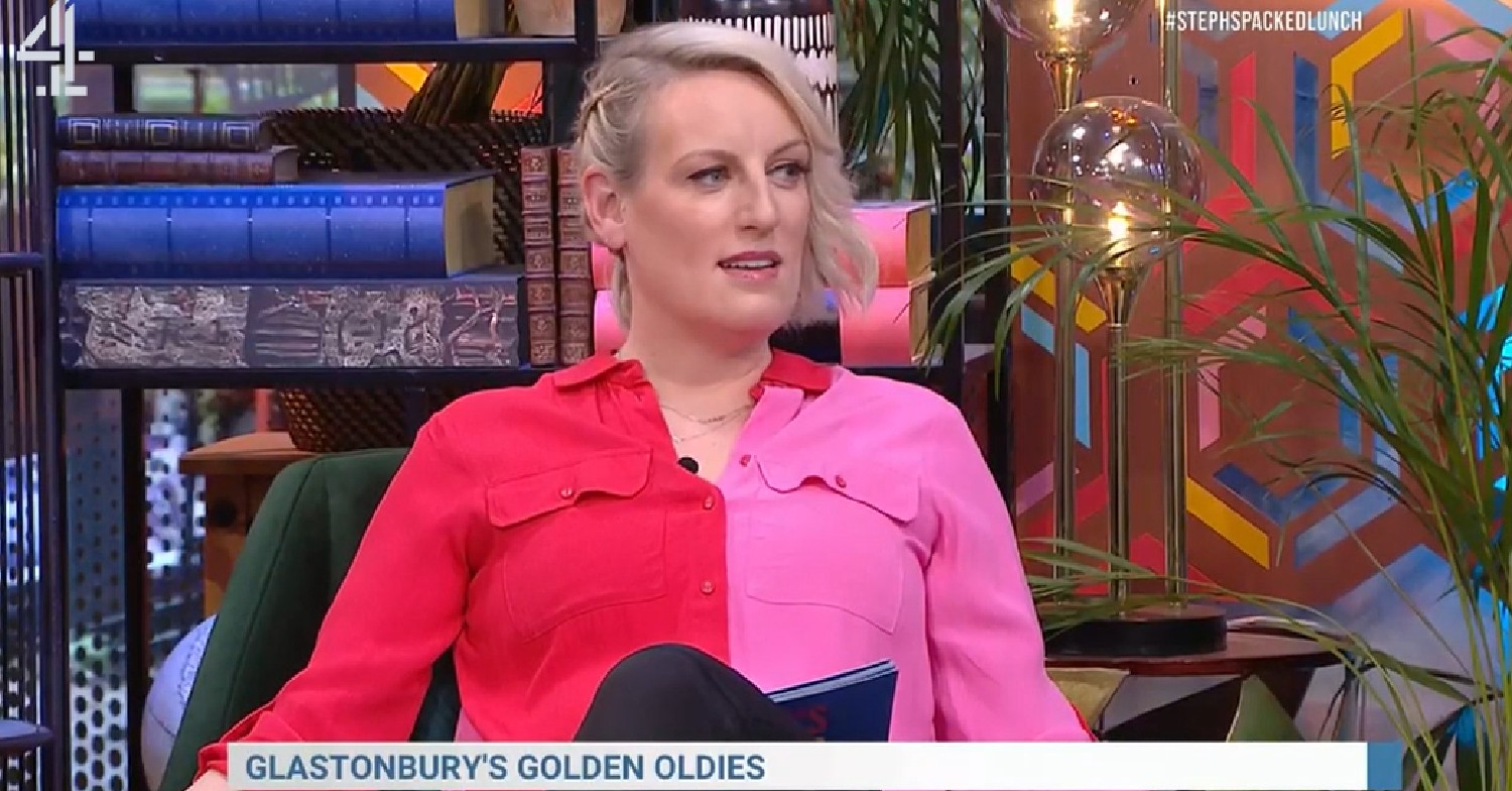 Steph McGovern in red and pink blouse on Steph's Packed Lunch today