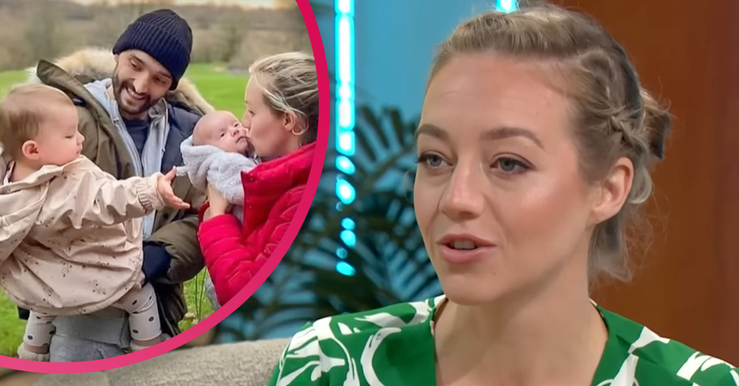 Kelsey Parker chatting on Lorraine and inset Tom with their kids