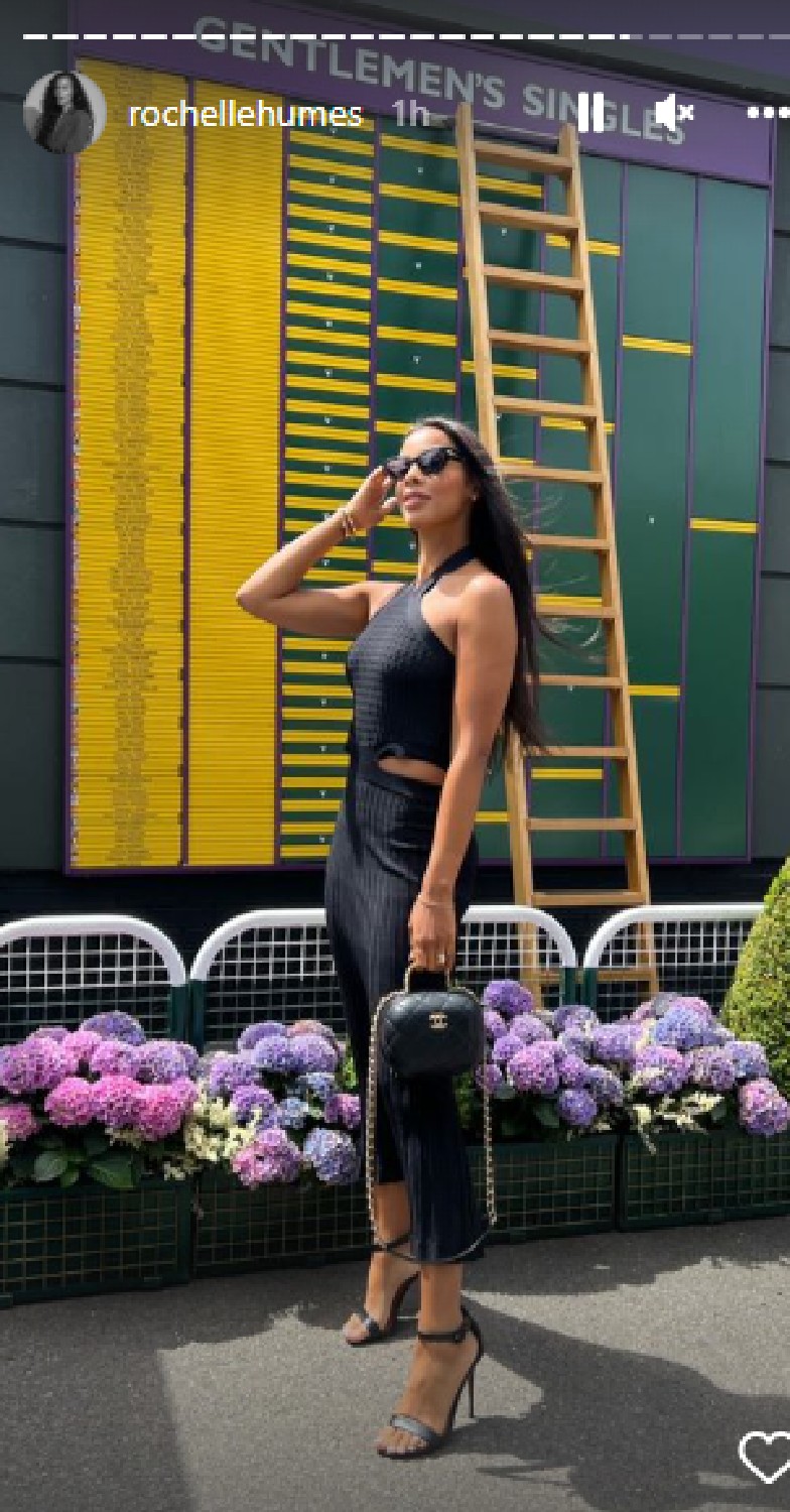 Rochelle Humes poses in black dress at Wimbledon