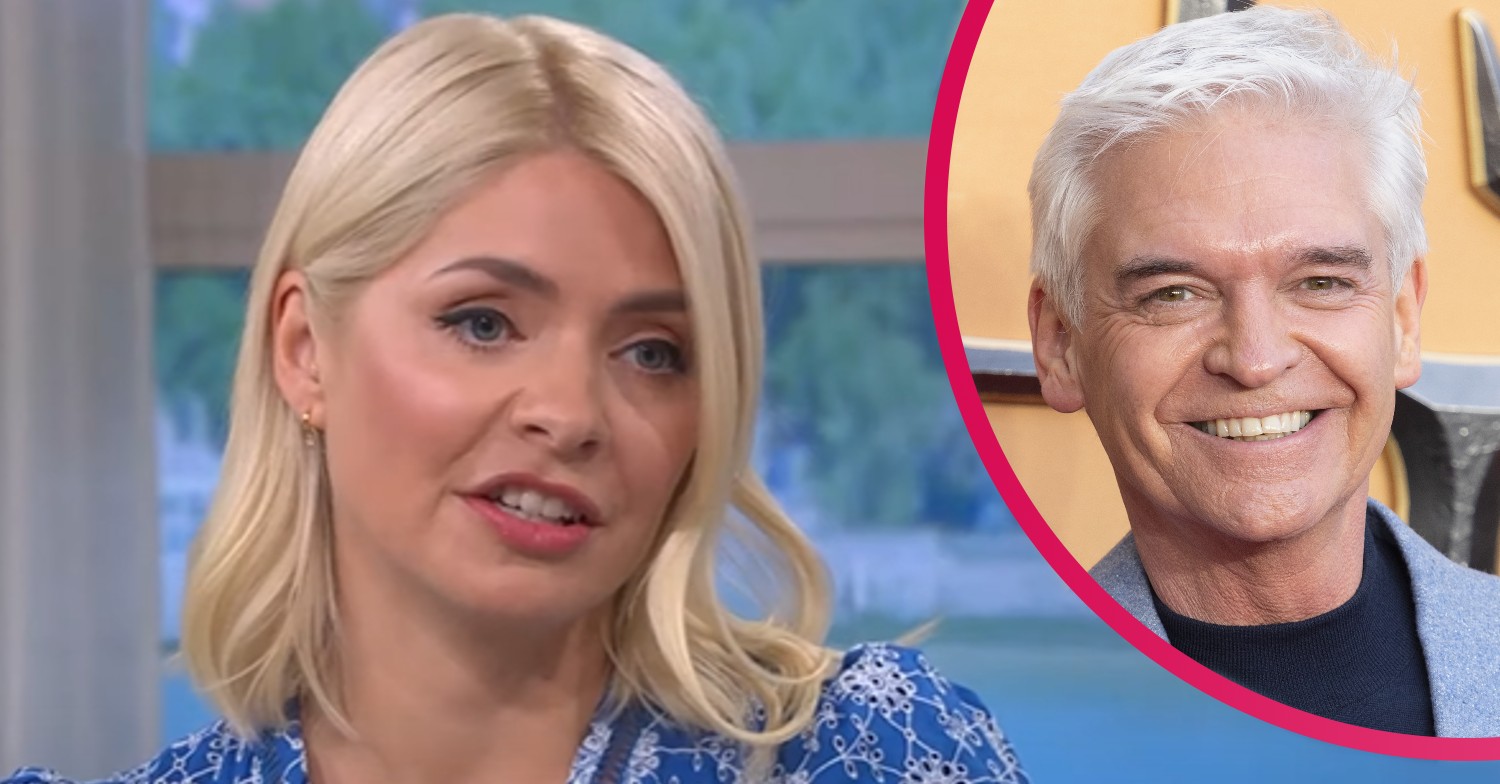 Holly Willoughby in blue dress on This Morning today and Phillip Schofield smiling at event