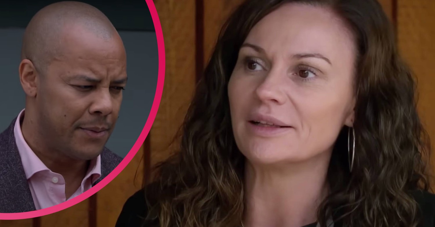 Emmerdale character Al looks down as Chas looks happy