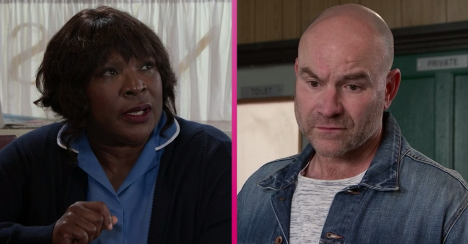 Aggie looks up to Tim on Coronation Street as he looks down