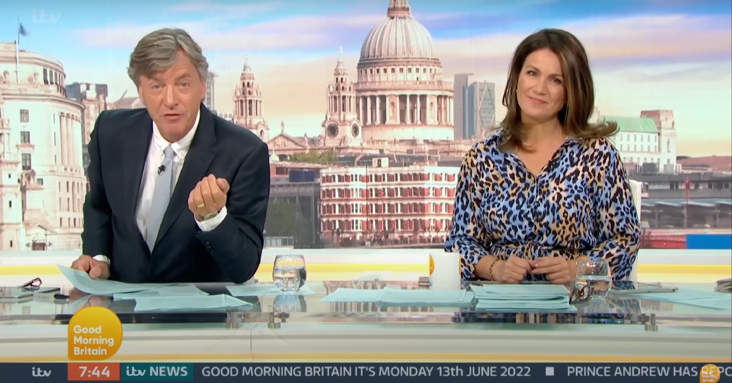 Good Morning Britain presenters Richard Madeley and Susanna Reid speaking to camera 