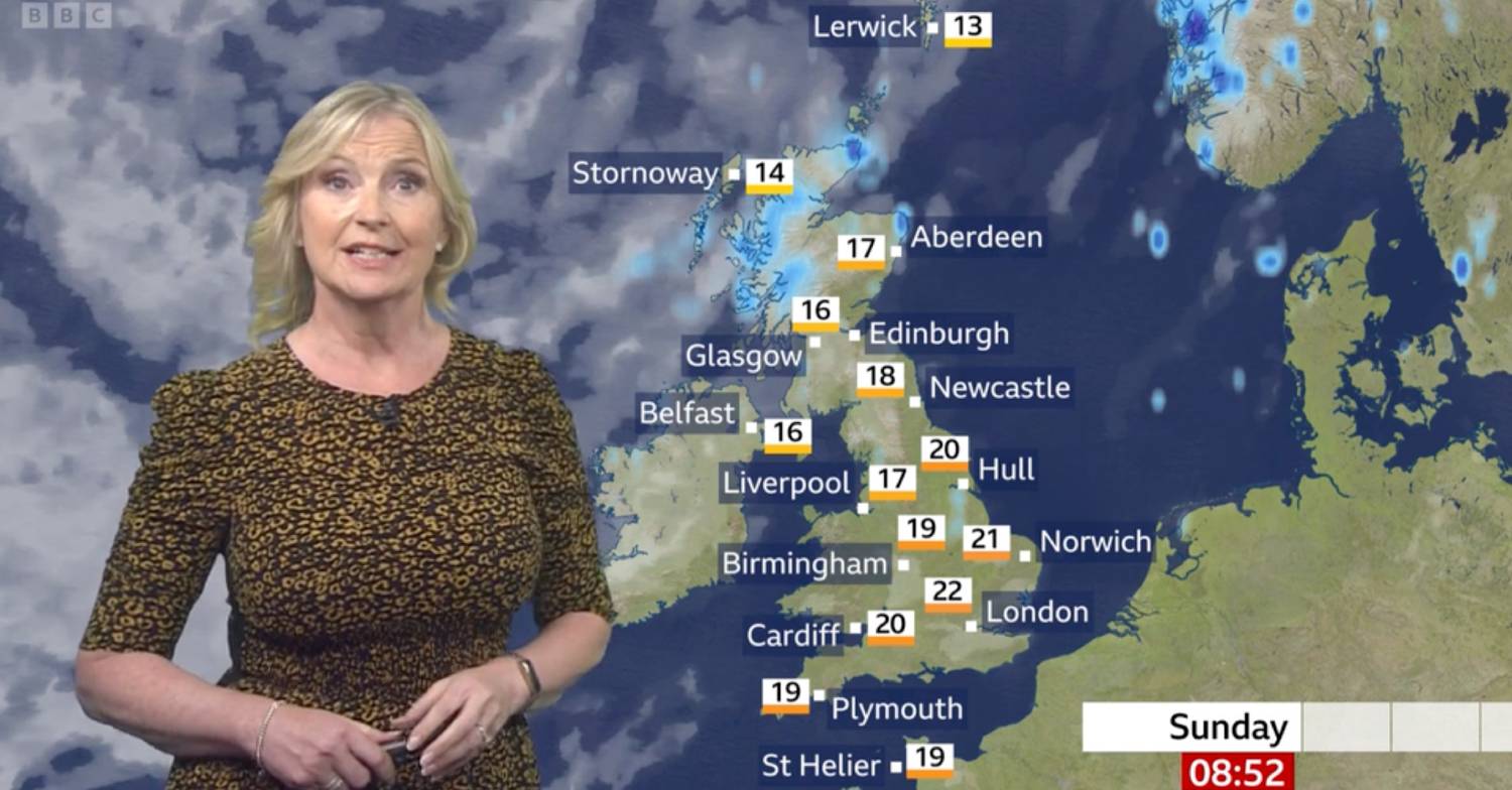 Carol Kirkwood presenting weather on BBC Breakfast today