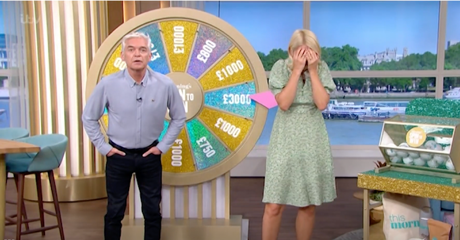 Phillip Schofield looking shocked as Holly Willoughby hides her face on This Morning today