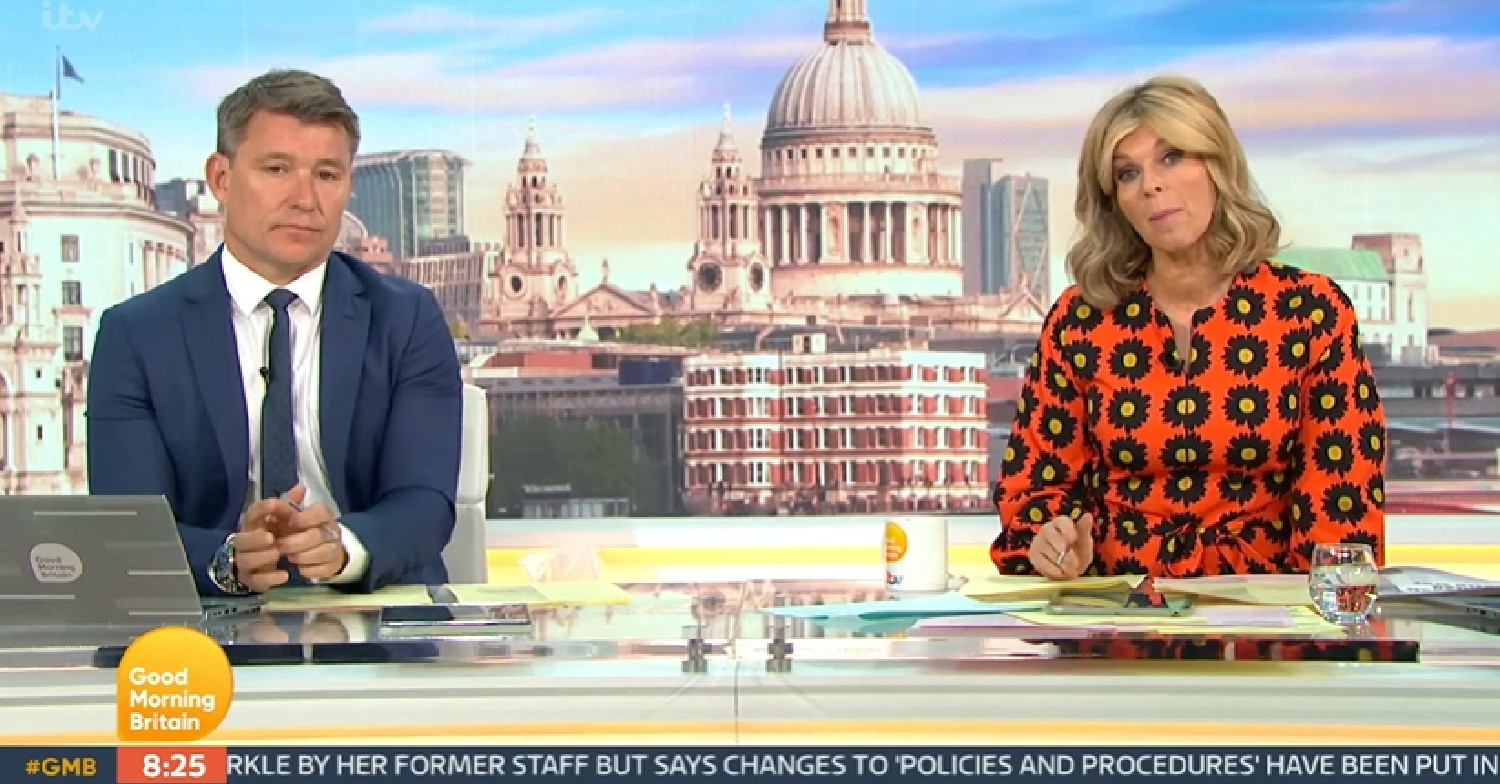Ben Shephard and Kate Garraway in orange dress on GMB