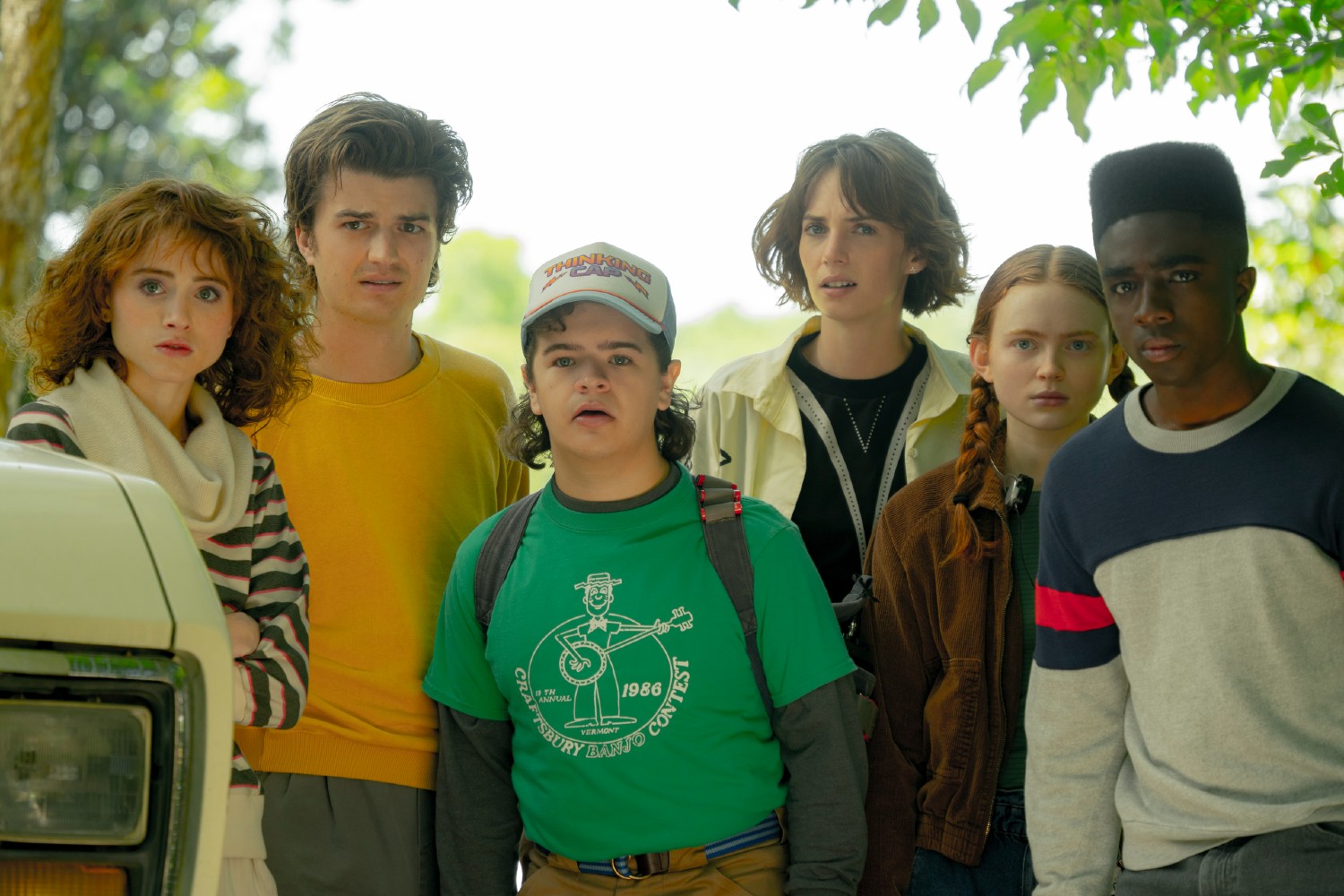 Nancy, Steve, Dustin, Max, Robin and Lucas look shocked in Stranger Things season 4