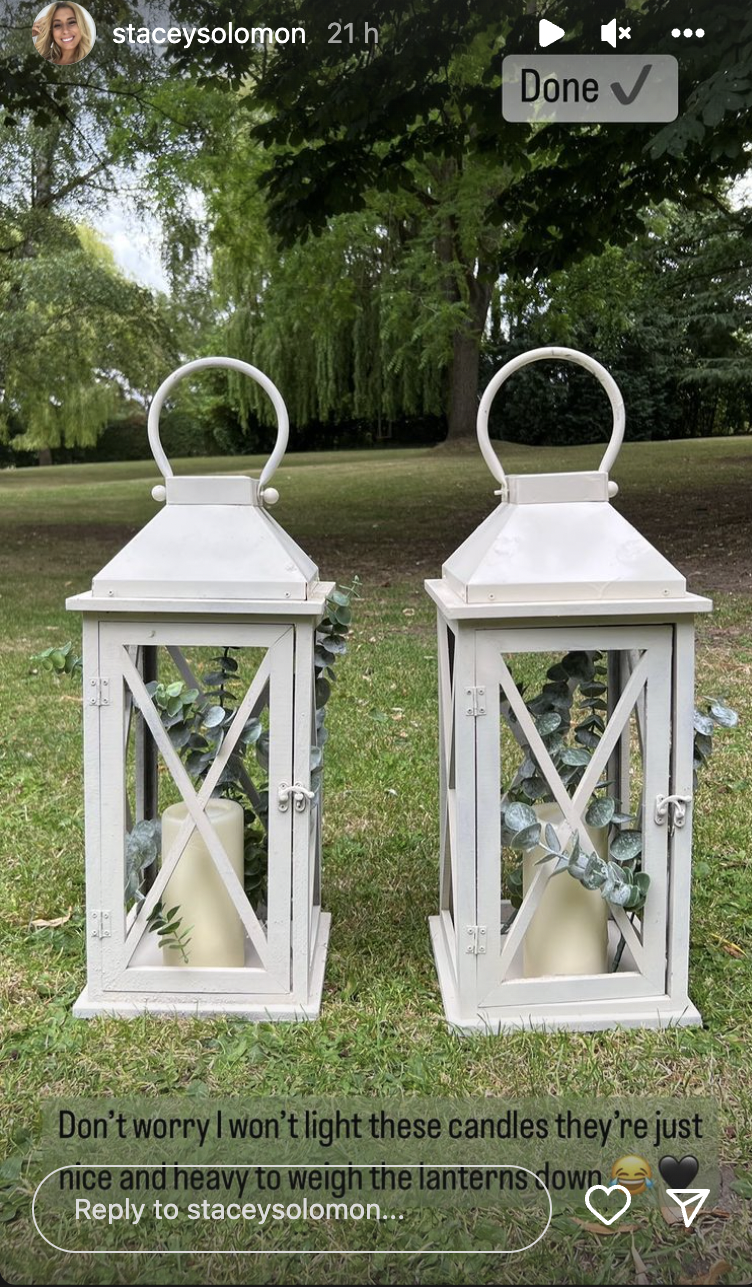 Two wedding lanterns in Stacey Solomon's garden on Instagram