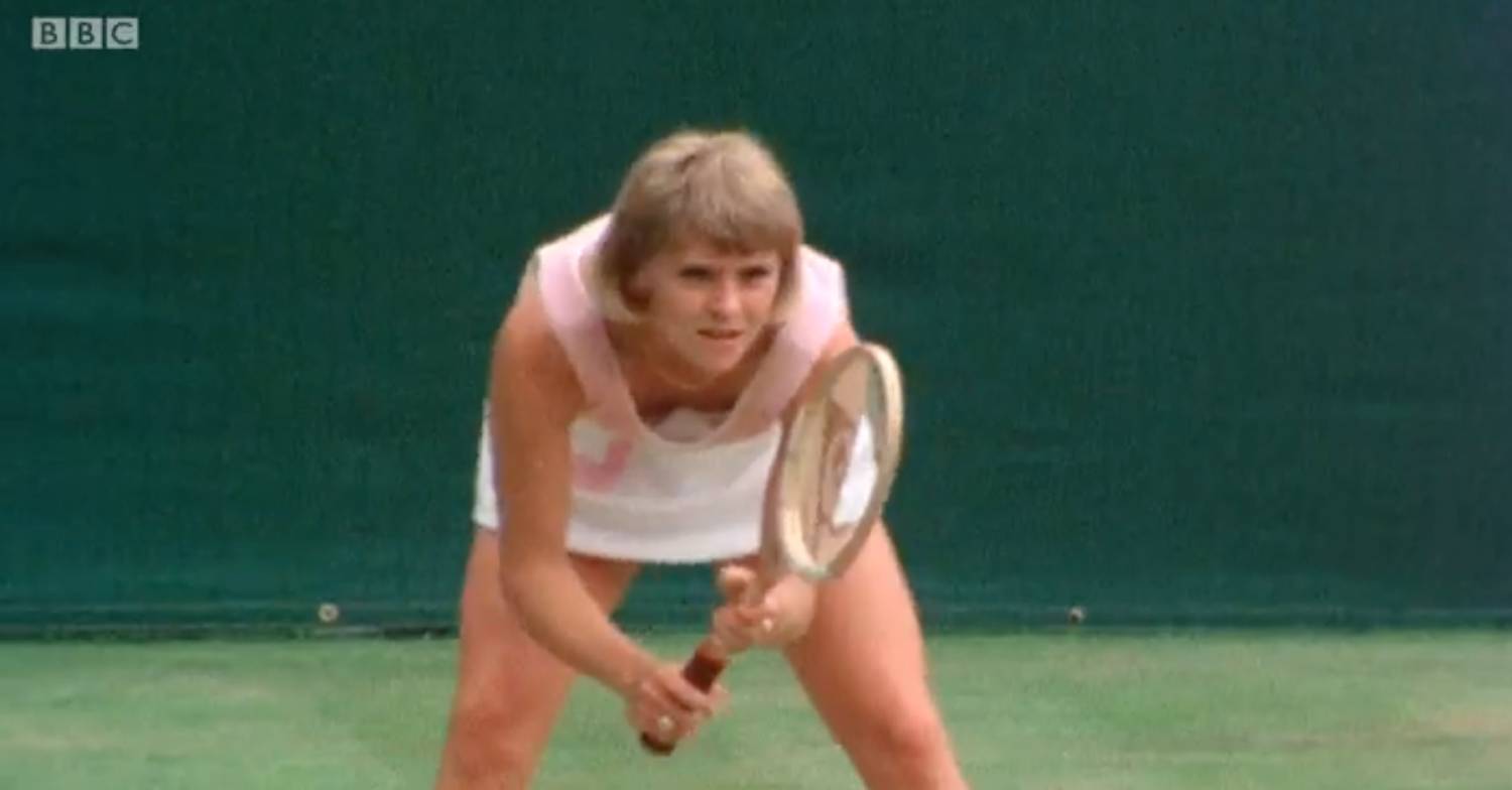 Sue Barker readies herself during a tennis match at Wimbledon 