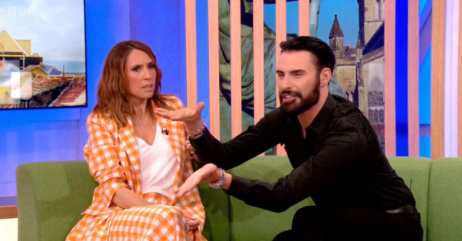 Alex Jones frowns as Rylan makes his point about Celebrity Gogglebox