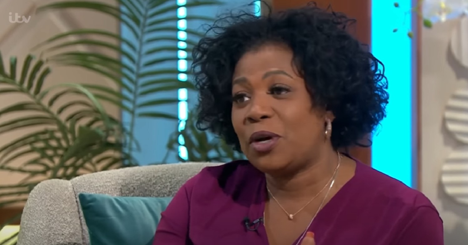 Brenda Edwards in purple top, speaking on Lorraine