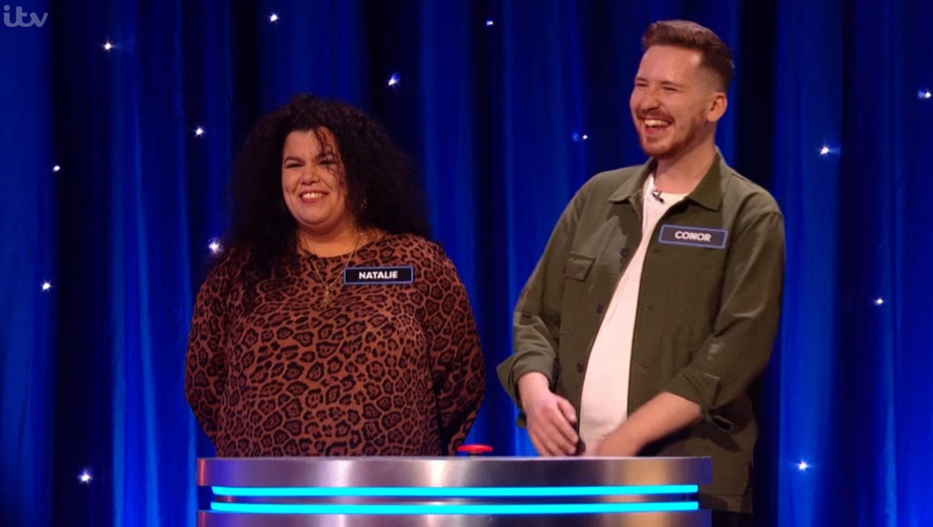 Natalie and Conor laugh on Alan Carr's Epic Gameshow