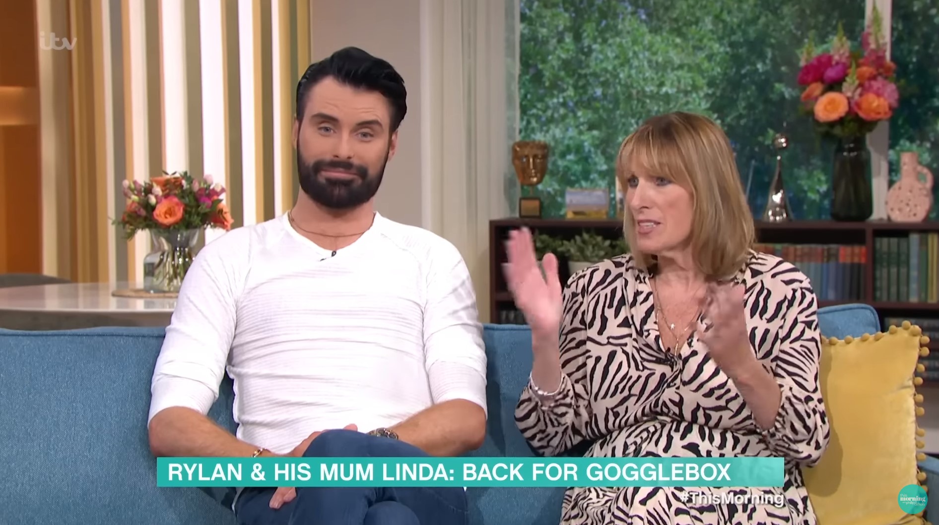 Rylan and Linda Clark smile on the This Morning sofa