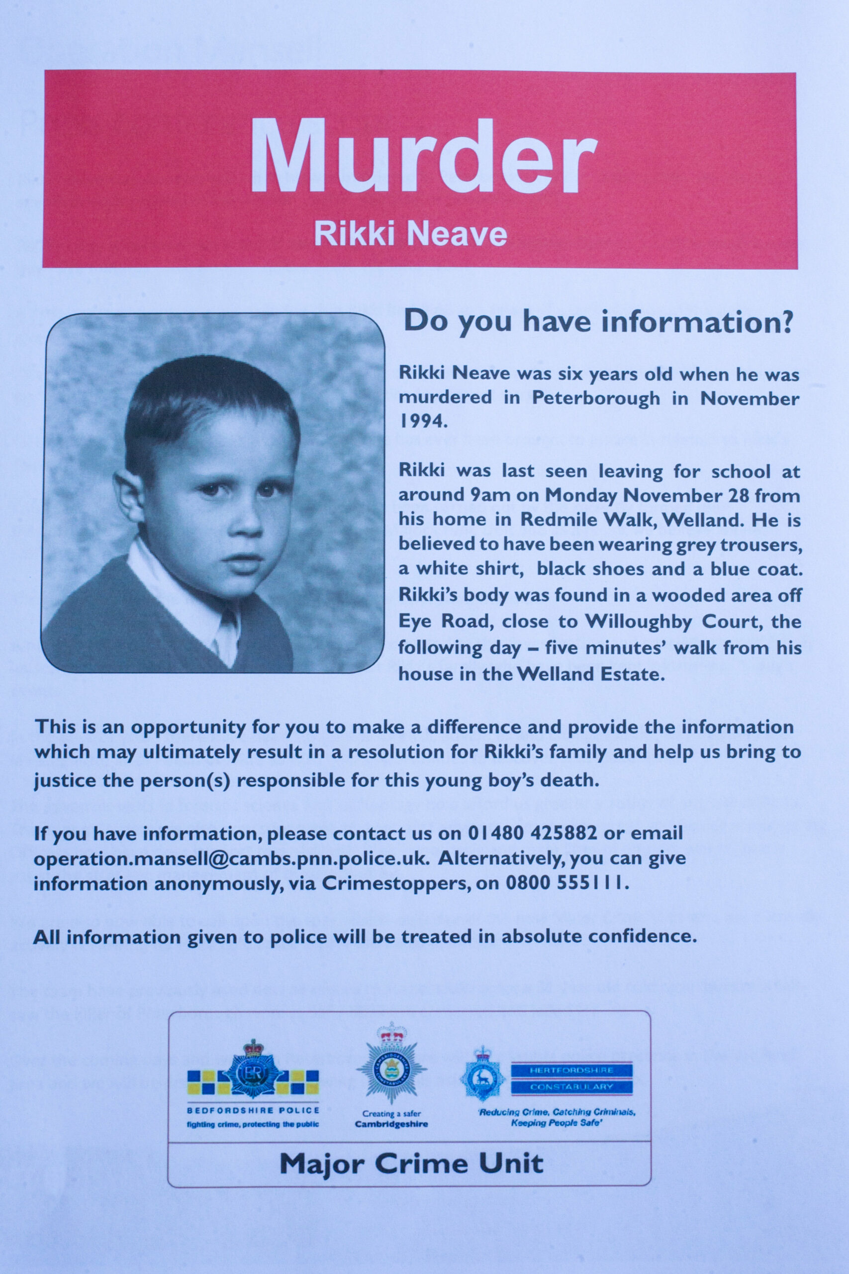 Poster appeal for Rikki Neave's murder