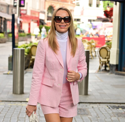 Amanda Holden wearing pink leaving ITV studios