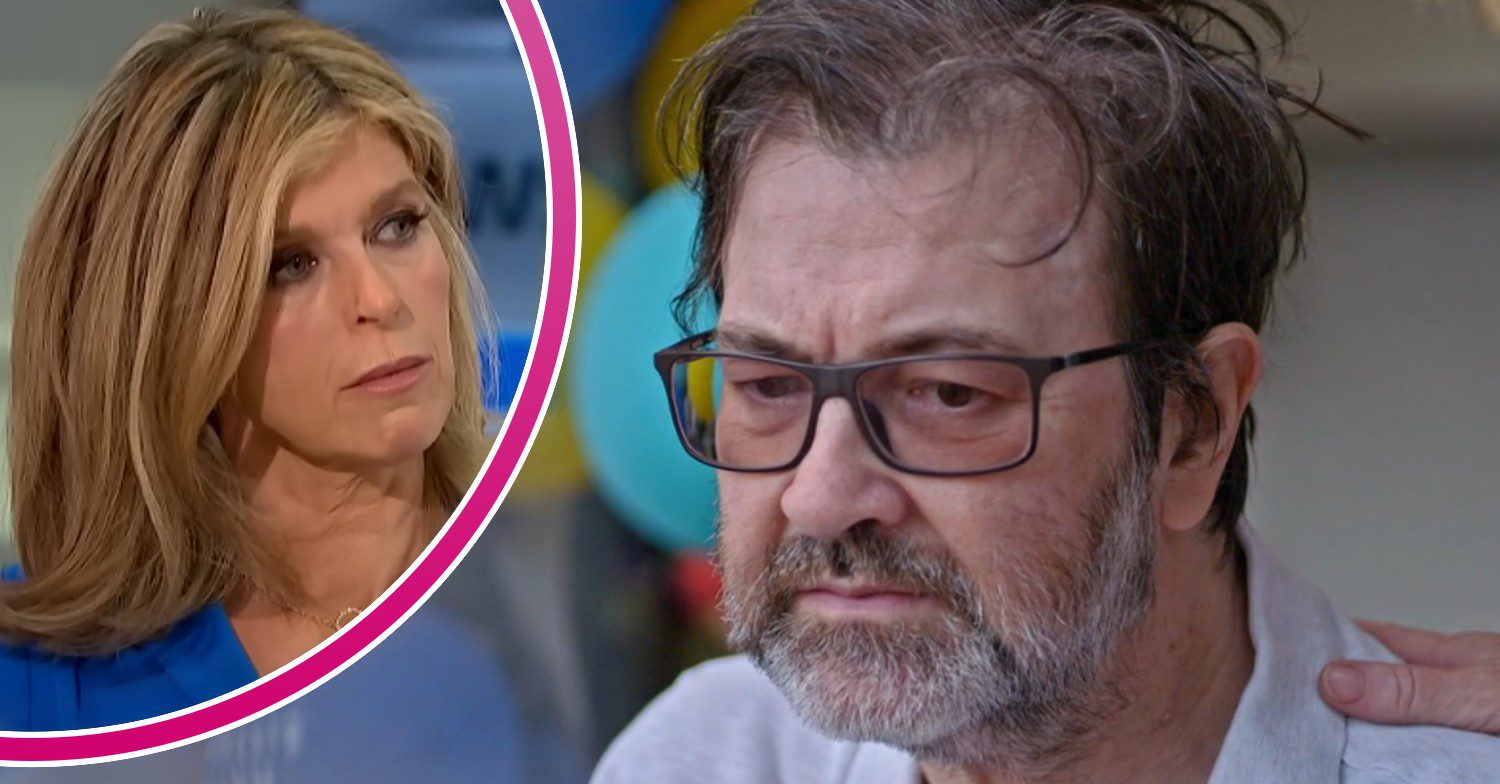 Kate Garraway looking sombre and her husband Derek Draper in Caring for Derek documentary