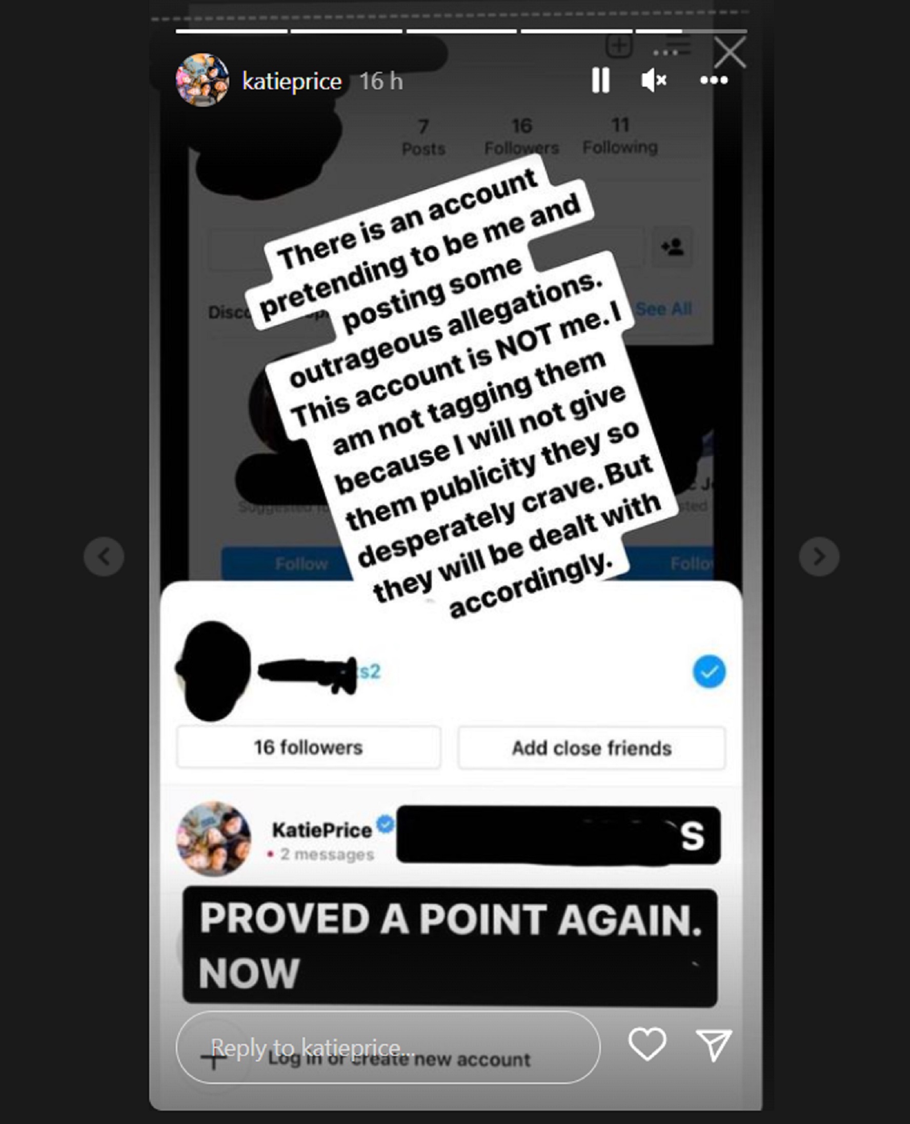 Katie Price sharing an imposter account on Instagram Stories