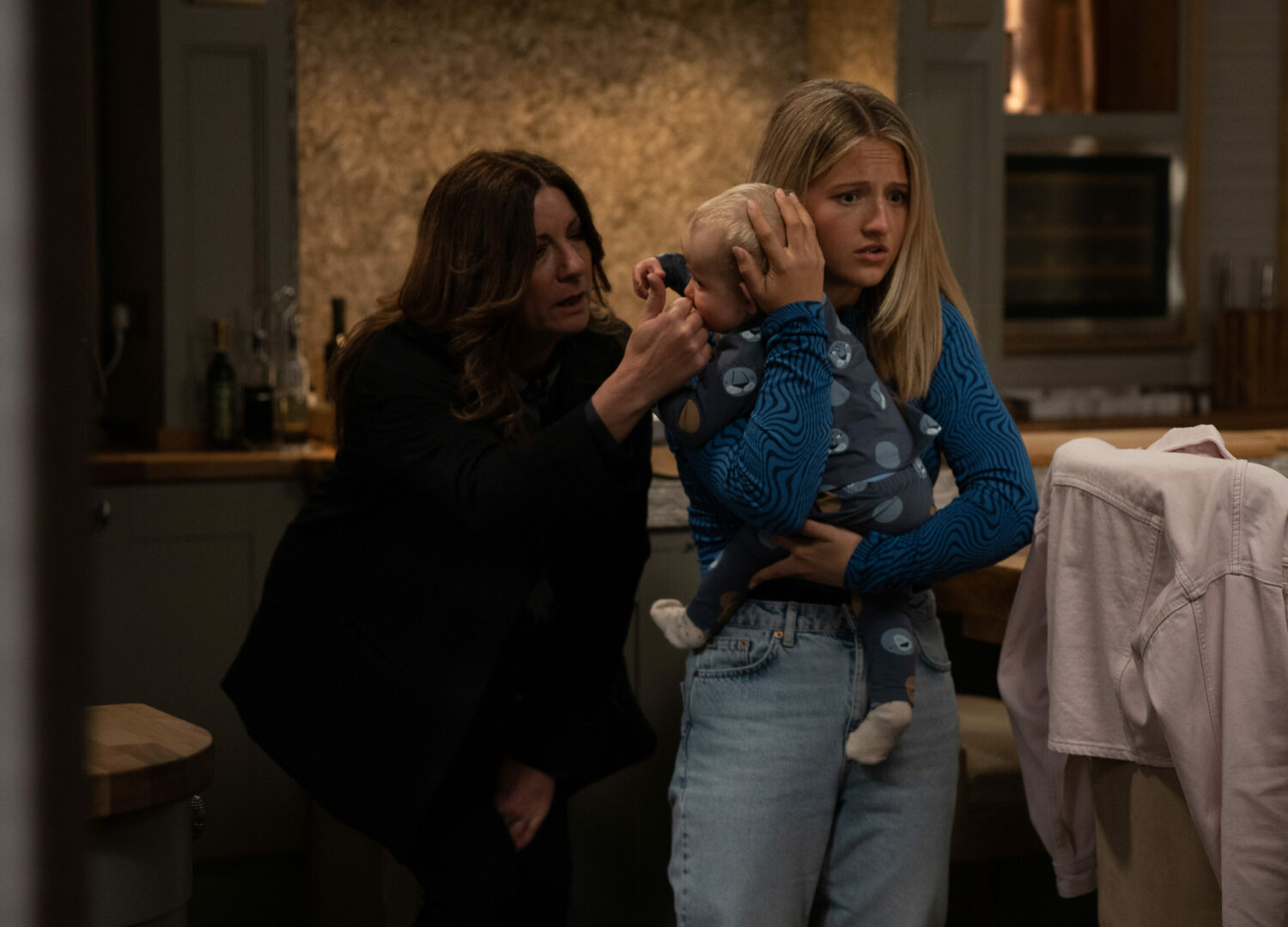 Emmerdale Harriet checks Thomas as Amelia clutches him worried