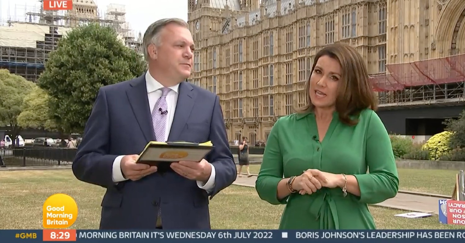 Ed Balls looking at Susanna Reid as they stand outside Westminster on GMB today