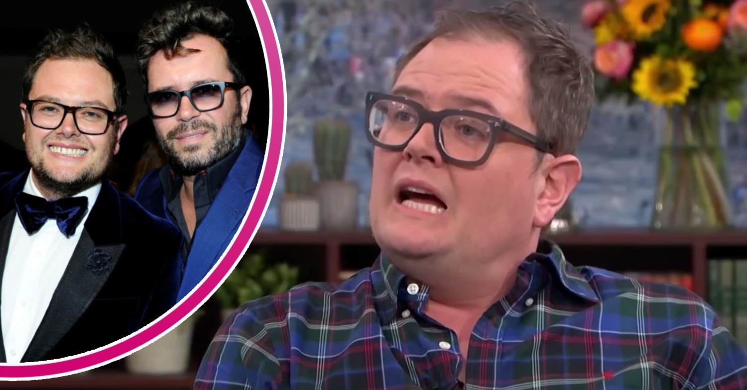 Alan Carr smiles with Paul Drayton, and also looks serious during a TV appearance
