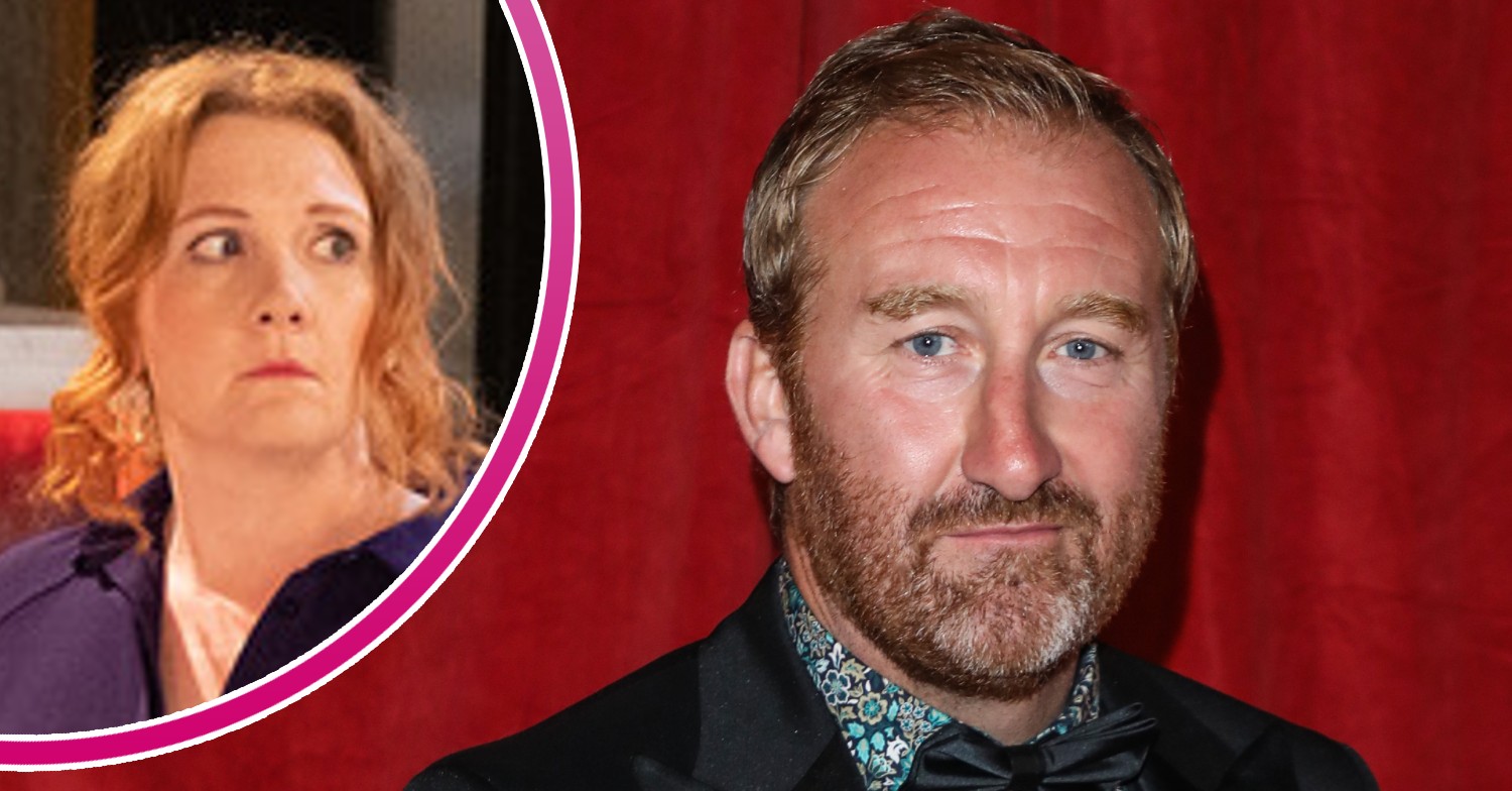 coronation street phill smiling and Fiz looking worried