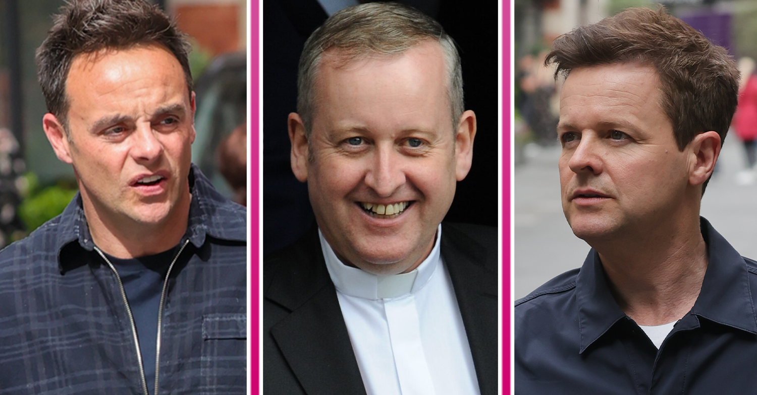 Ant and Dec looking sad and Father Dermott smiling